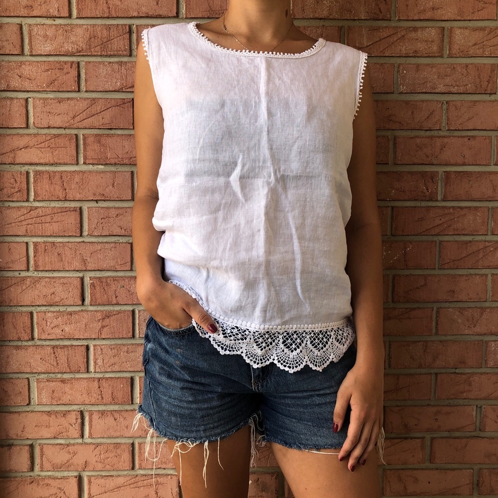 White linen tank crochet hem